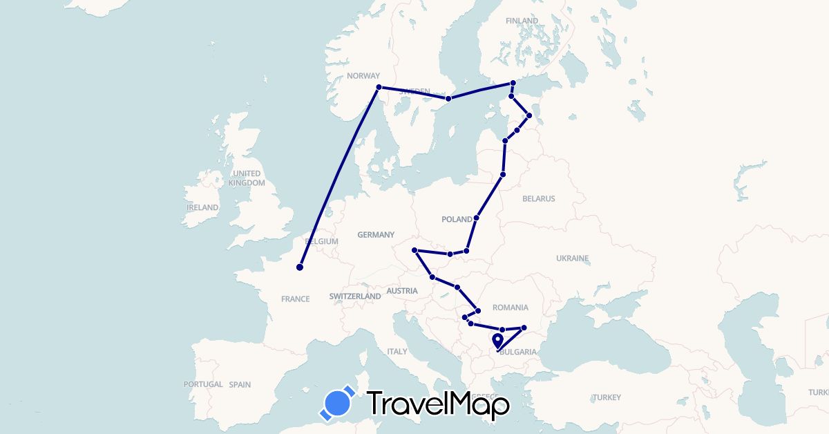 TravelMap itinerary: driving in Austria, Bulgaria, Czech Republic, Estonia, Finland, France, Hungary, Lithuania, Latvia, Norway, Poland, Romania, Serbia, Sweden (Europe)