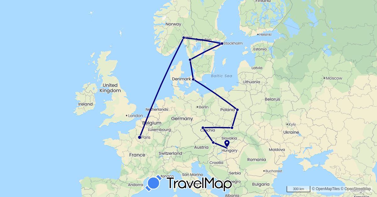 TravelMap itinerary: driving in Austria, Czech Republic, Denmark, Hungary, Norway, Poland, Sweden (Europe)